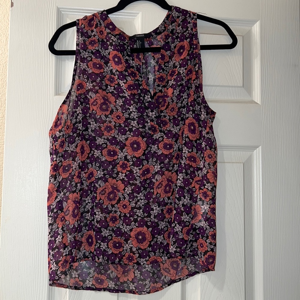 Forever 21 Sheer Floral Purple Black Pink White Tank Top Size Large
